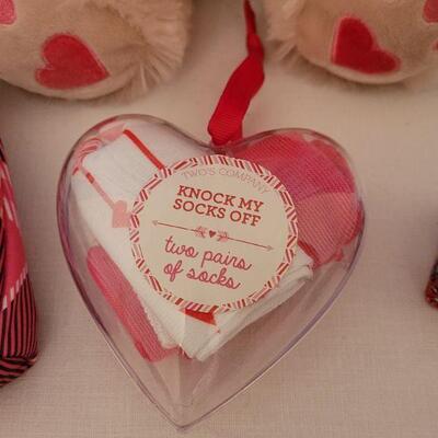 Lot 64: NEW Valentine's Day Socks, Earrings with Jewelry Box, Makeup Bag and Plushie 