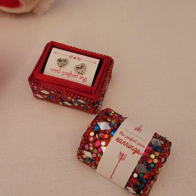 Lot 64: NEW Valentine's Day Socks, Earrings with Jewelry Box, Makeup Bag and Plushie 