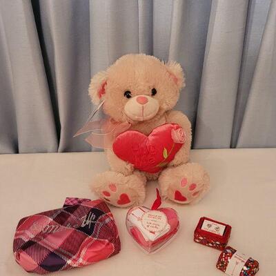 Lot 64: NEW Valentine's Day Socks, Earrings with Jewelry Box, Makeup Bag and Plushie 