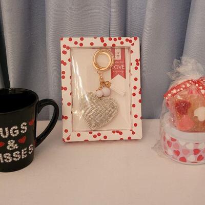 Lot 65. New Coffee Mugs, Bling Heart Keychain, Soap, Bath Ball & Candle Lot