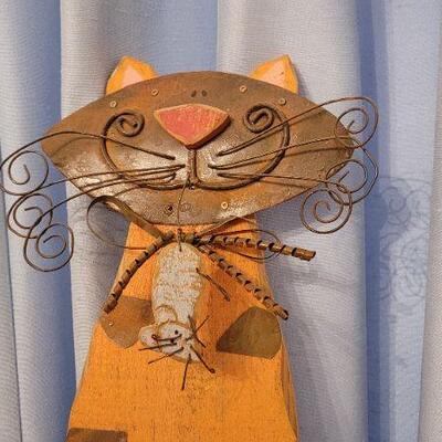 Lot 100: (2) Metal and Wood Mixed Media Cat Home Deco