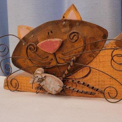 Lot 100: (2) Metal and Wood Mixed Media Cat Home Deco