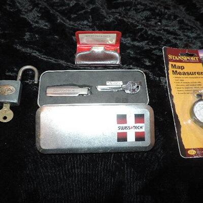 SWISS TECH, ANTIQUE PAD LOCK W/KEY & MORE