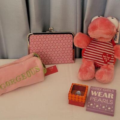 Lot 158: New Makeup Bag, Photo Clutch, Lip Gloss Ring, Turtle Plushie 