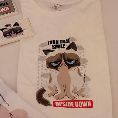 Lot 169: NEW Grumpy Cat Apron, Tshirt (L), and (2) Plaques