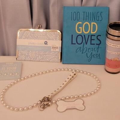 Lot 170: NEW Travel Cup, Book, Notepad, Dog Leash, Photo Clutch 