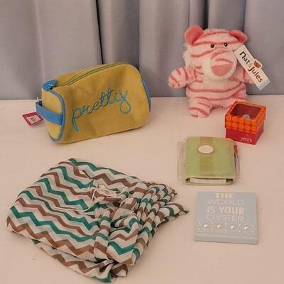 Lot 183: NEW Scarf, Notepads, Lip Gloss, Make Up Bag and Plushie