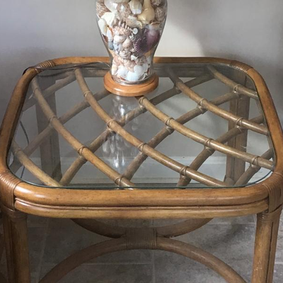 A - 230 Bamboo Glass End Table & Glass Sea Shell Filled Lamp