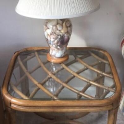 A - 230 Bamboo Glass End Table & Glass Sea Shell Filled Lamp