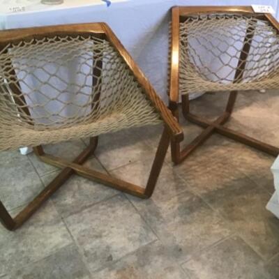 A - 238 Mid Century Modern Rope Net Sling Chair with Exposed Oak Frame 