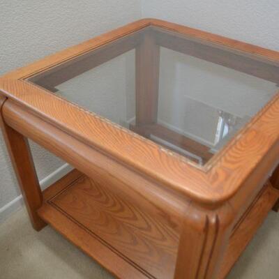 LOT 124 OAK AND GLASS END TABLE