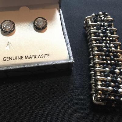 Markasite Earrings and Safety Pin Bracelet Lot