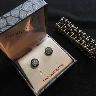 Markasite Earrings and Safety Pin Bracelet Lot