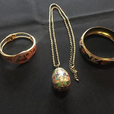 3 pc Vintage Jewelry Collection with Bangles and CloisonnÃ© Egg Necklace.  LOT 67