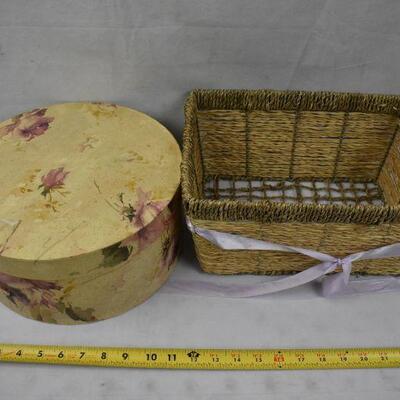5 pc Containers: 2 baskets, Basket tray, Hat Box, Heart Shaped Tin