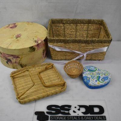 5 pc Containers: 2 baskets, Basket tray, Hat Box, Heart Shaped Tin