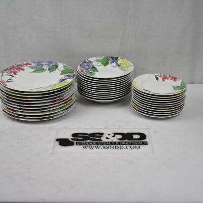 34 Floral Kitchenware: 11 large plate, 12 bowl, 11 small plate - Good Condition
