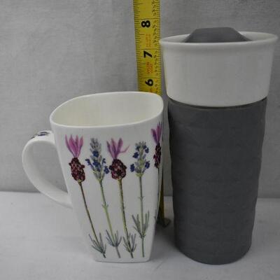 6 pc Coffee Mugs (1 has lid for travel) Religious & Floral