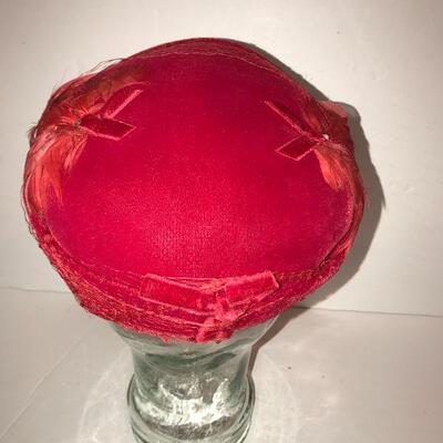 Red Calot Style Hat  with Feather Trim