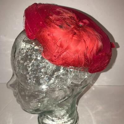 Red Calot Style Hat  with Feather Trim