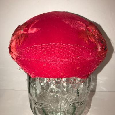 Red Calot Style Hat  with Feather Trim