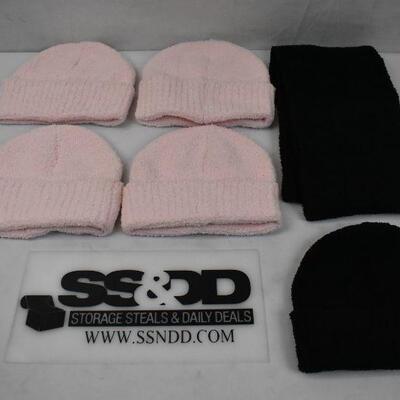 6 pc Winter Wear: Black Scarf & Hat. 4 pink Hats. Super Soft. No Tags - New