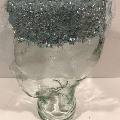 Vintage Pale Blue Iridescent Beaded /Netted Pillbox Hat