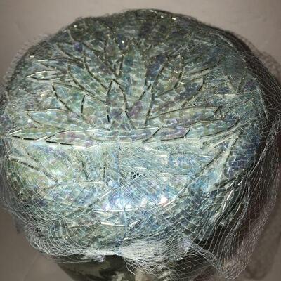 Vintage Pale Blue Iridescent Beaded /Netted Pillbox Hat