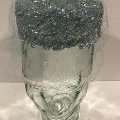 Vintage Pale Blue Iridescent Beaded /Netted Pillbox Hat