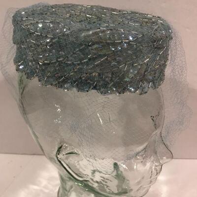 Vintage Pale Blue Iridescent Beaded /Netted Pillbox Hat