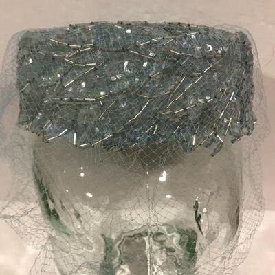 Vintage Pale Blue Iridescent Beaded /Netted Pillbox Hat