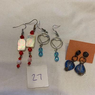 #27 Earrings 3 Pair Heart/Blue/Red