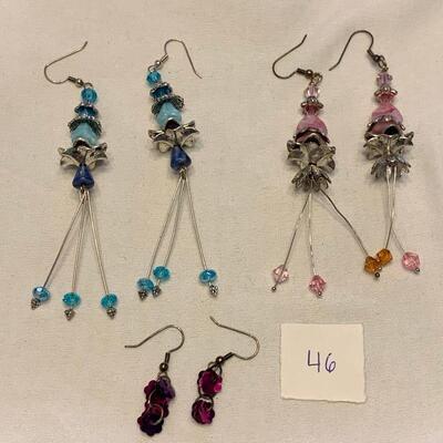#46 Earrings 3 Pair Pink/Blue/Purple