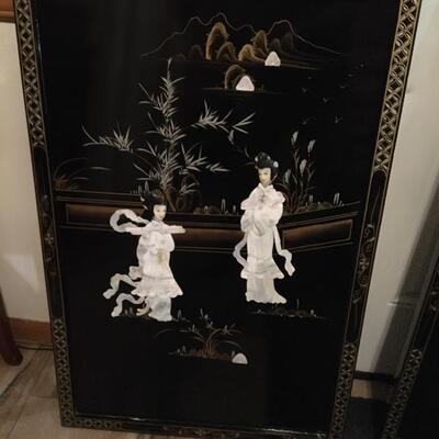 Pair of Large Asian Black Lacquer Wall Hangings with MOP Art 24â€ x 36â€ each. LOT A37