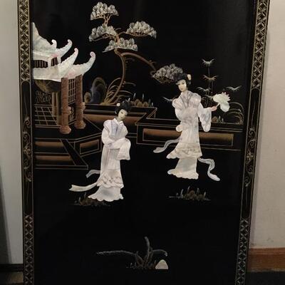 Pair of Large Asian Black Lacquer Wall Hangings with MOP Art 24â€ x 36â€ each. LOT A37
