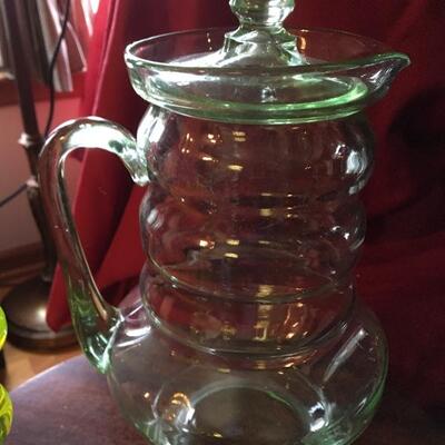 Vintage Green Glass 10.5â€ Pitcher with Pair if 7.5â€ Vaseline Glass Candle Holders. LOT About A15