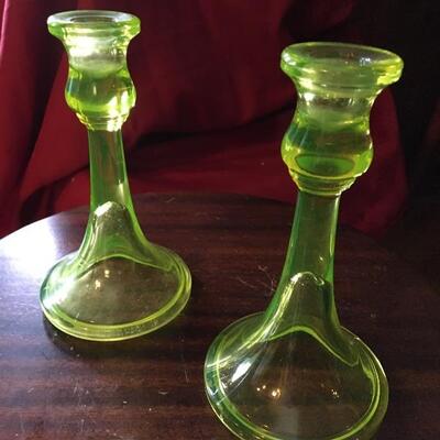 Vintage Green Glass 10.5â€ Pitcher with Pair if 7.5â€ Vaseline Glass Candle Holders. LOT About A15