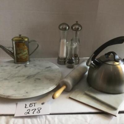 B - 278  Marble Lazy Susan, Rolling Pin, with Kettle and Pepper Mills 