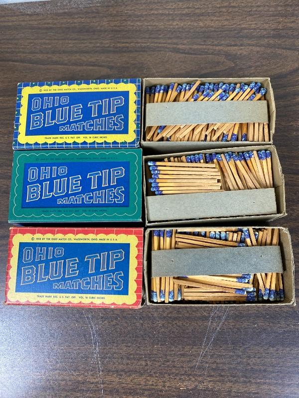 Lot# 6 Vintage NOS Ohio Blue Tip Matches 1955 Varied design on Back |  EstateSales.org