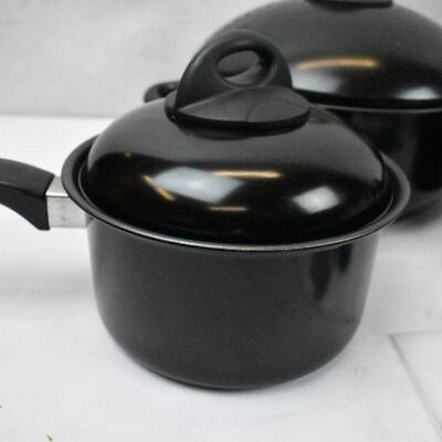 4 pc Kitchen/Cooking plus 3 Lids Pots/Pans, Black