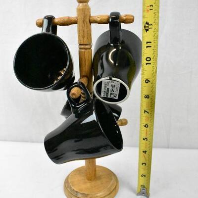4 Black Coffee Mugs with Wooden Stand