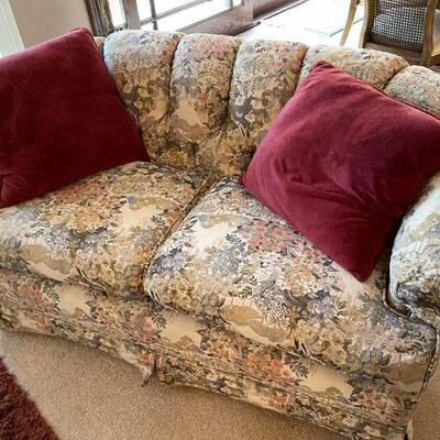 LOT 9 VINTAGE UPHOLSTERED SOFA & LOVESEAT ASIAN INSPIRED FABRIC