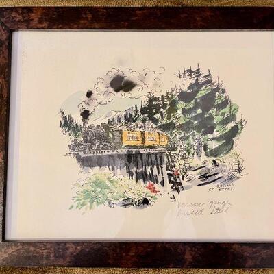 LOT 199  PAIR OF INK PRINTS W/COLOR WASH ARTIST SIGNED RUSSELL STEEL RAILROAD TRAIN ART 