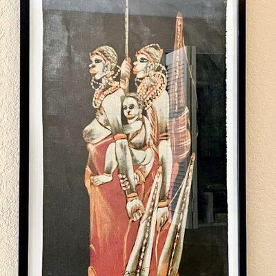 LOT 229  FRAMED AFRICAN PAINTING ON TEXTILE FAMILY UNIT 