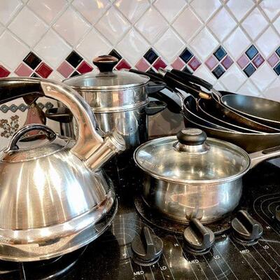 LOT 237  GROUP OF STAINLESS POTS & PANS NON STICK SKILLETS 