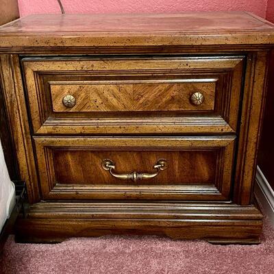 LOT 240  VINTAGE PAIR OF BEDSIDE CABINETS 2 DRAWERS PECKY PECAN DISTRESSED FINISH 
