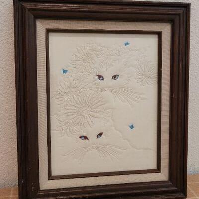 Lot 215: Vintage Framed CrossStich Cat Art