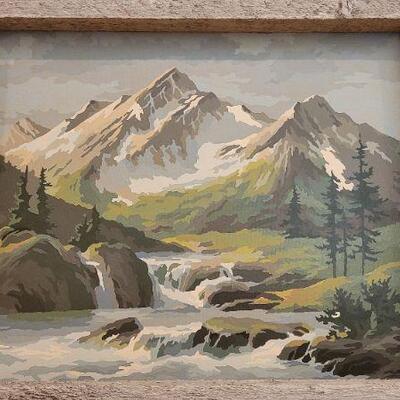 Lot 218: Vintage PAINT BY NUMBERS Original Framed Painting MOUNTAIN SCENE w/ BABBLIMG BROOK