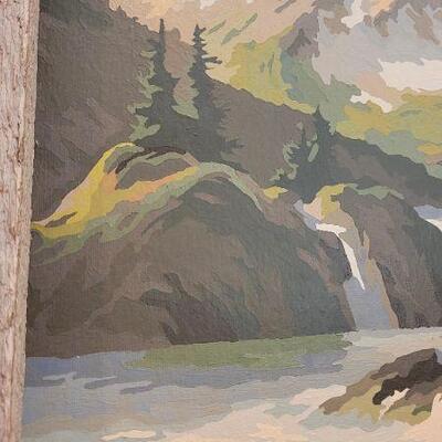 Lot 218: Vintage PAINT BY NUMBERS Original Framed Painting MOUNTAIN SCENE w/ BABBLIMG BROOK
