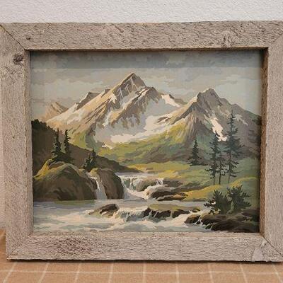 Lot 218: Vintage PAINT BY NUMBERS Original Framed Painting MOUNTAIN SCENE w/ BABBLIMG BROOK